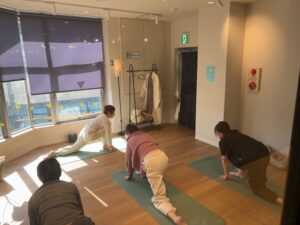 People on yoga mats in a bright studio, practicing group yoga with various poses on the floor near large windows
