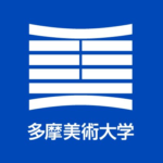Tama Art University logo on a blue background with white stylized horizontal bars and the Chinese characters 多摩美術大学 below.
